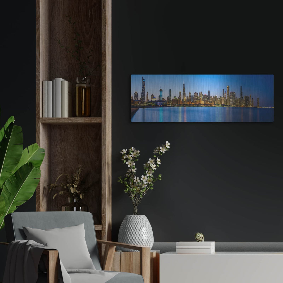 'Chicago, Illinois Panorama' by Luxe Portfolio – Metal Wall Art, 36x12 room view