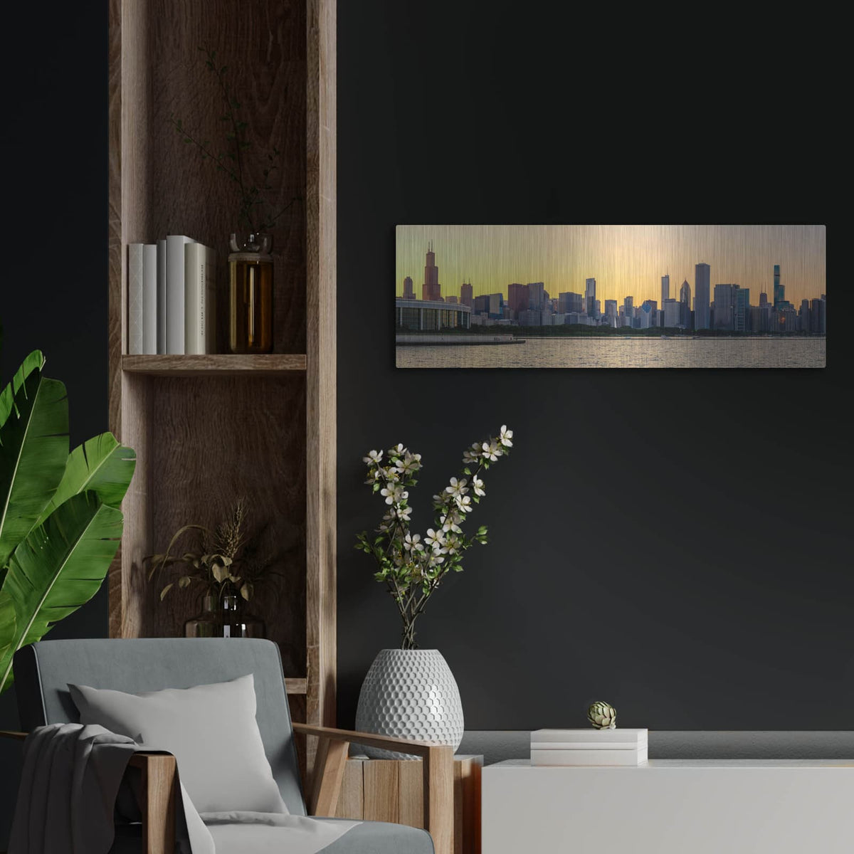'Chicago Skyline - Golden Hour Sunset Panorama' by Luxe Portfolio – Metal Wall Art, 36x12 room view
