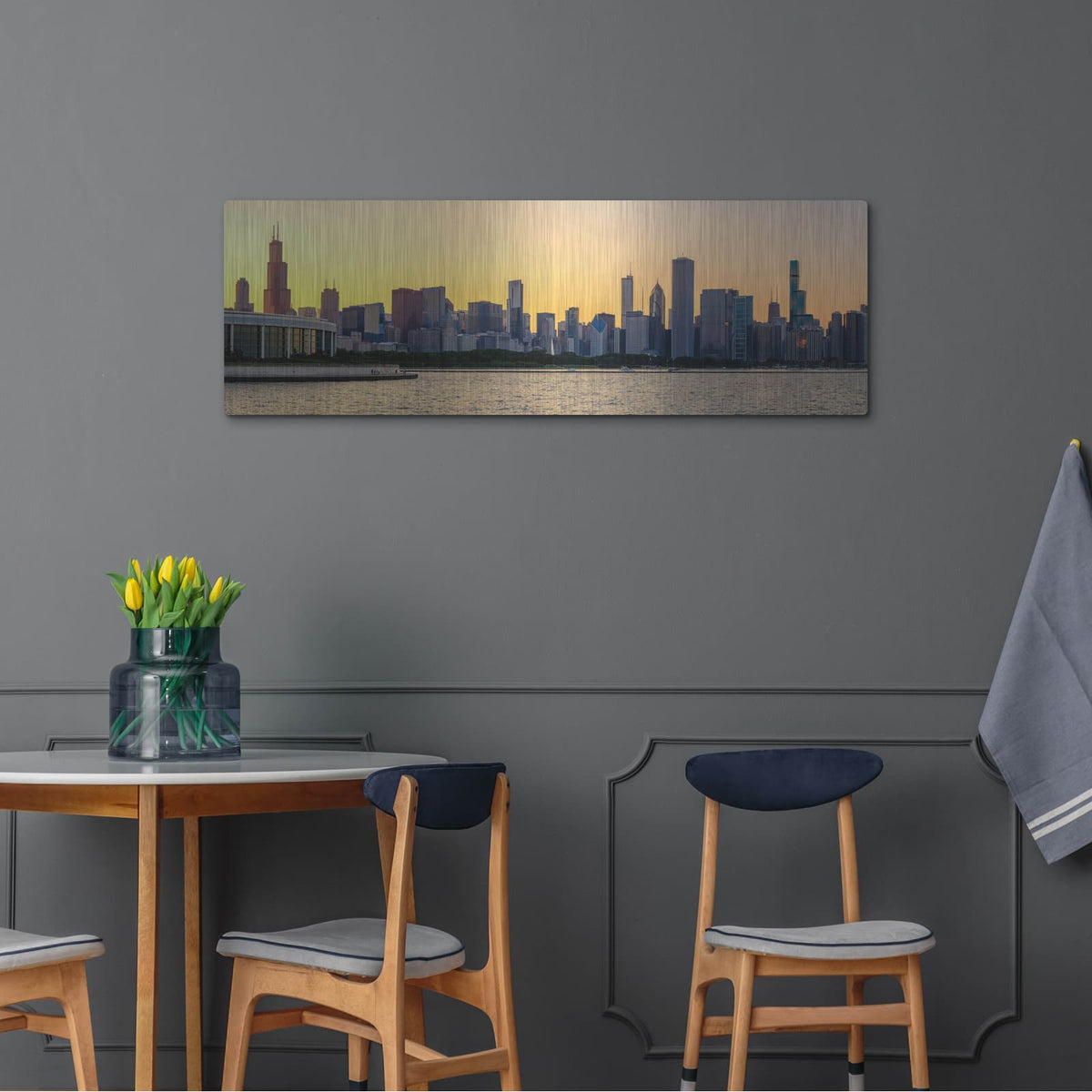 'Chicago Skyline - Golden Hour Sunset Panorama' by Luxe Portfolio – Metal Wall Art, 48x16 room view