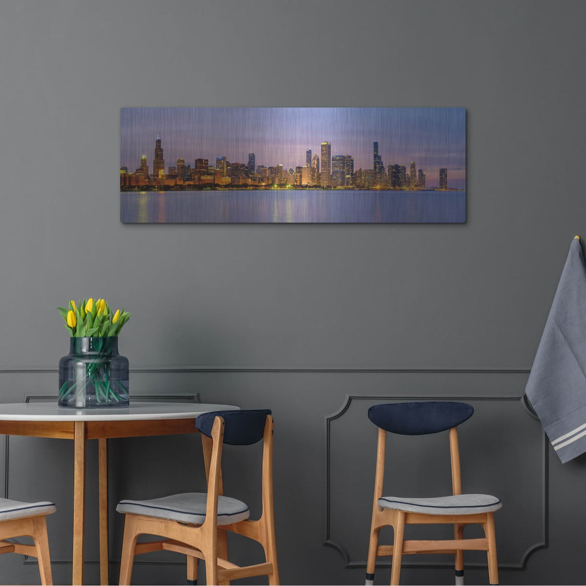 'Chicago - Pastel Sunset Panorama' by Luxe Portfolio – Metal Wall Art, 48x16 room view