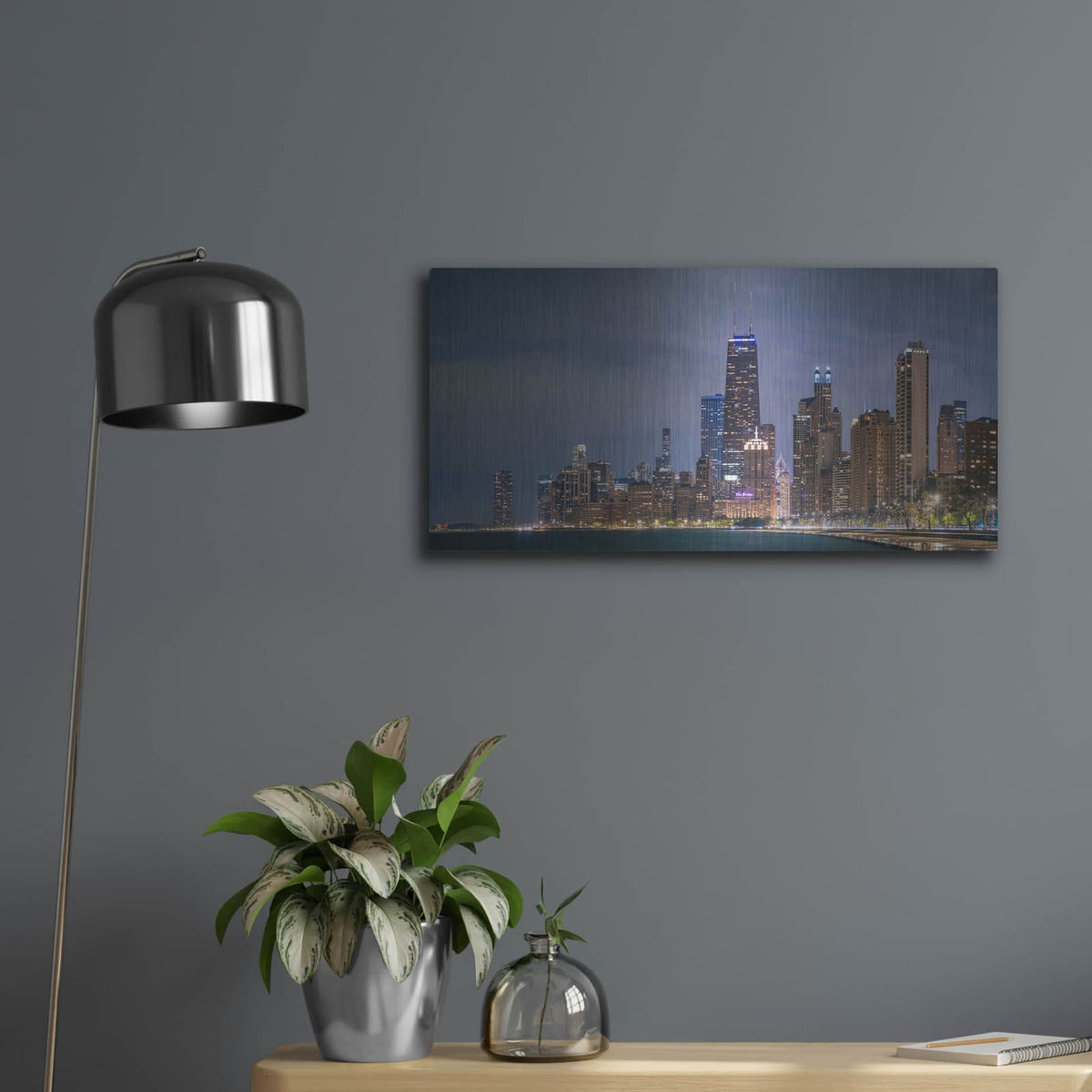 'Chicago - Nightime Panorama' by Luxe Portfolio – Metal Wall Art, 24x12 room view