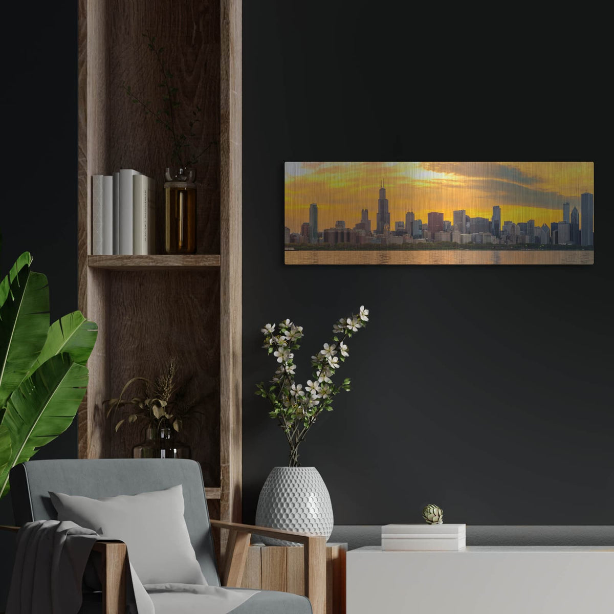 'Chicago - Golden Sunset Panorama' by Luxe Portfolio – Metal Wall Art, 36x12 room view