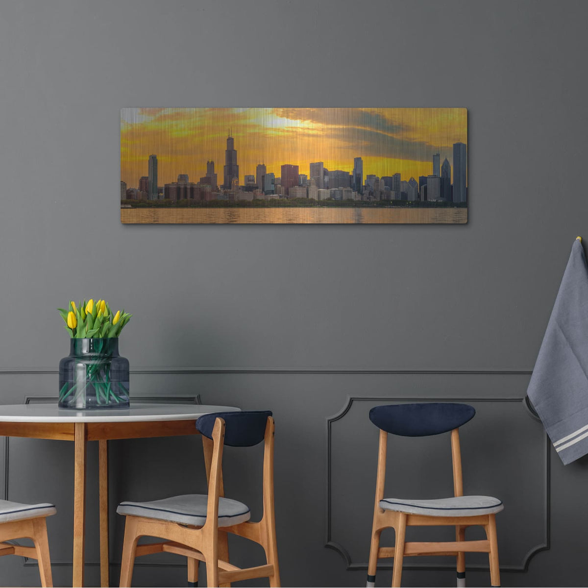 'Chicago - Golden Sunset Panorama' by Luxe Portfolio – Metal Wall Art, 48x16 room view