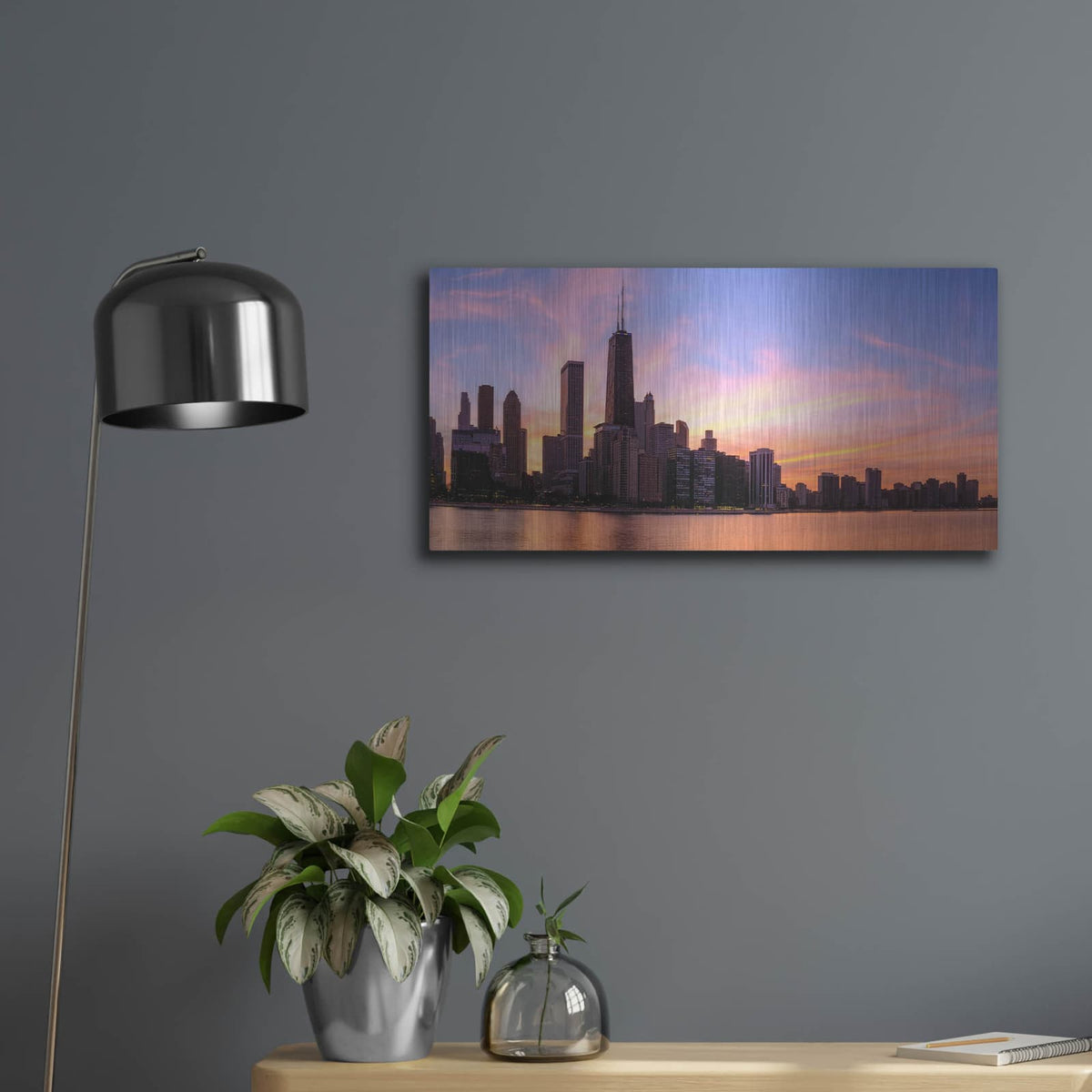 'Chicago - Burning Amber Sunset' by Luxe Portfolio – Metal Wall Art, 24x12 room view