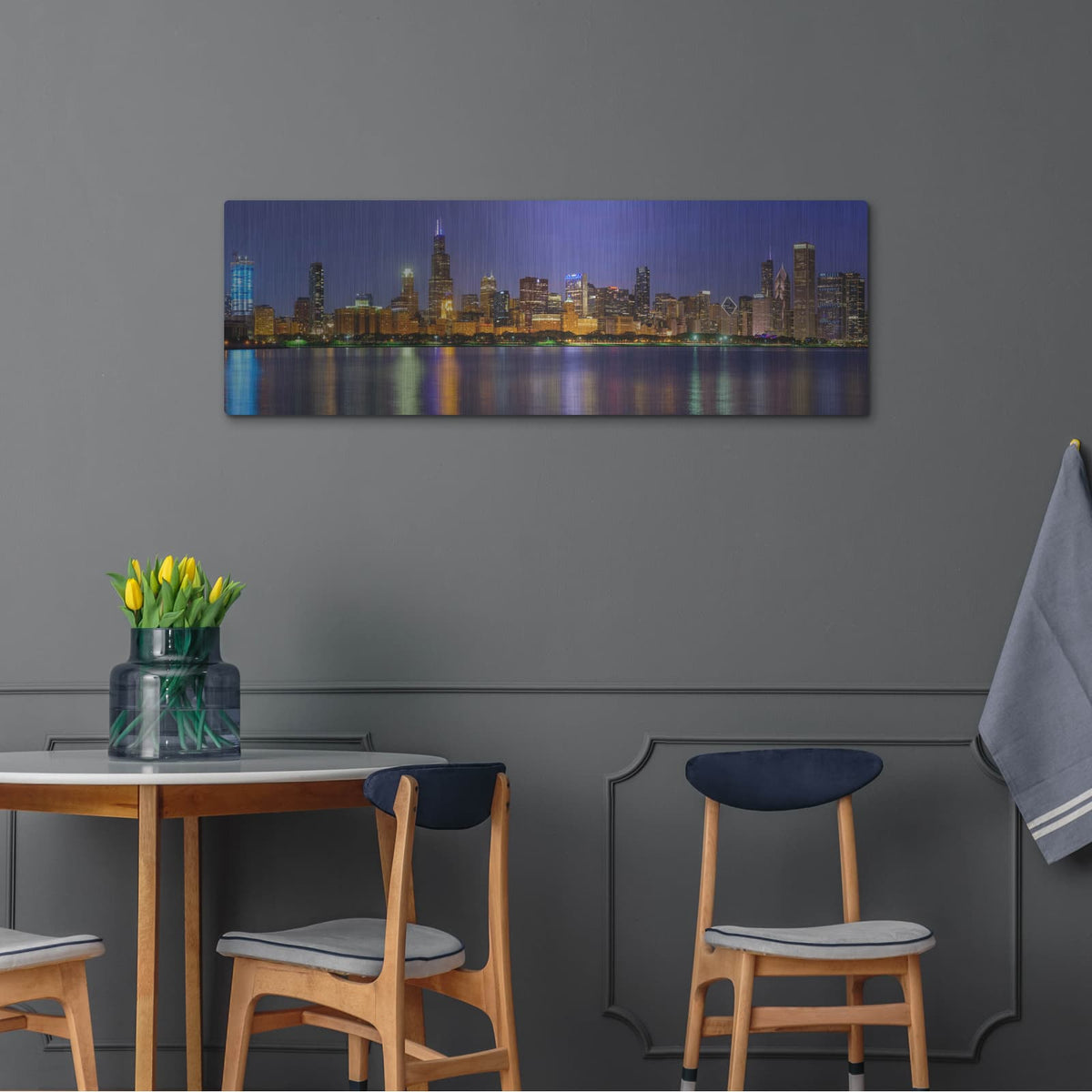 'Chicago - Blue Hour Panorama' by Luxe Portfolio – Metal Wall Art, 48x16 room view