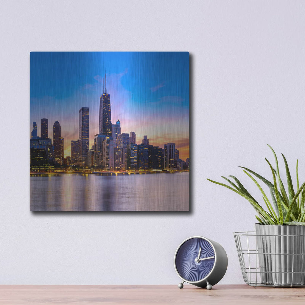 'Chicago - Amber Sunset Glow' by Luxe Portfolio – Metal Wall Art, 12x12 room view