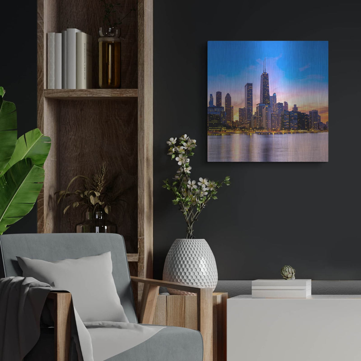 'Chicago - Amber Sunset Glow' by Luxe Portfolio – Metal Wall Art, 24x24 room view
