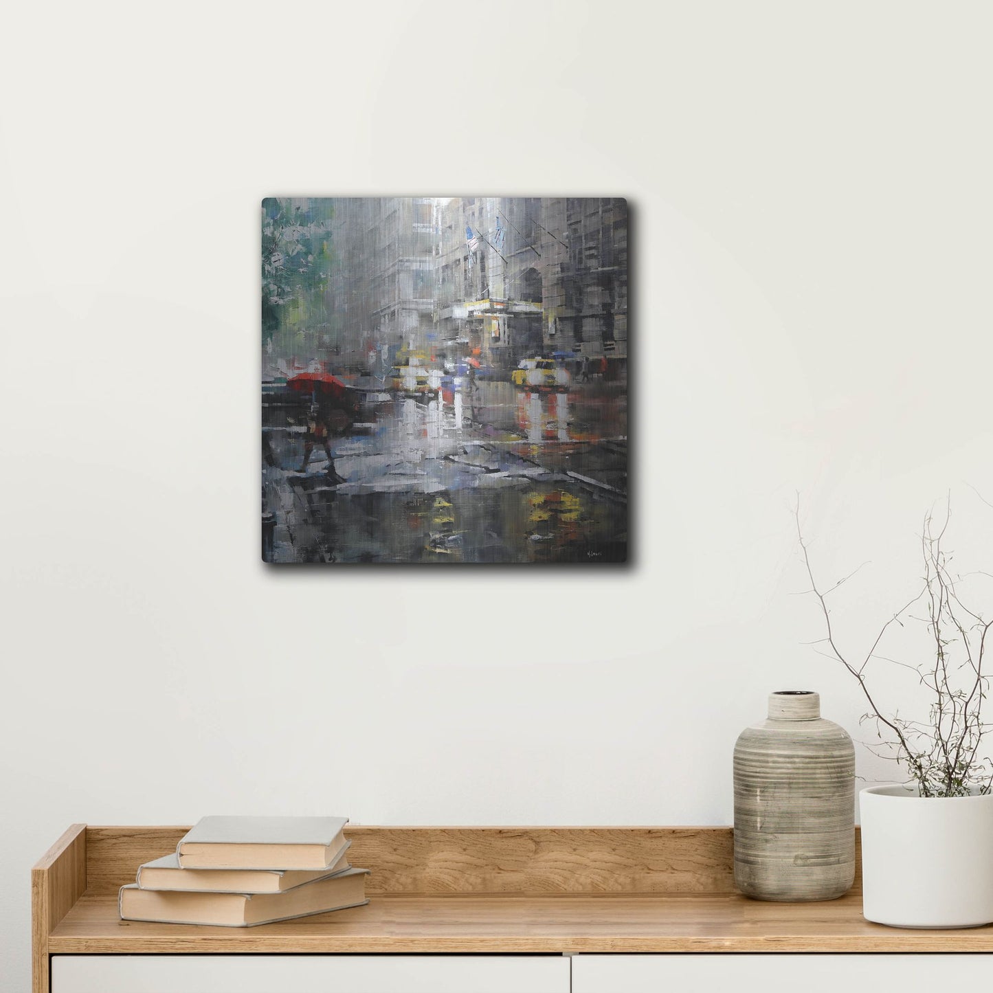 Luxe Metal Art 'Manhattan Red Umbrella' by Mark Lague, Metal Wall Art,12x12