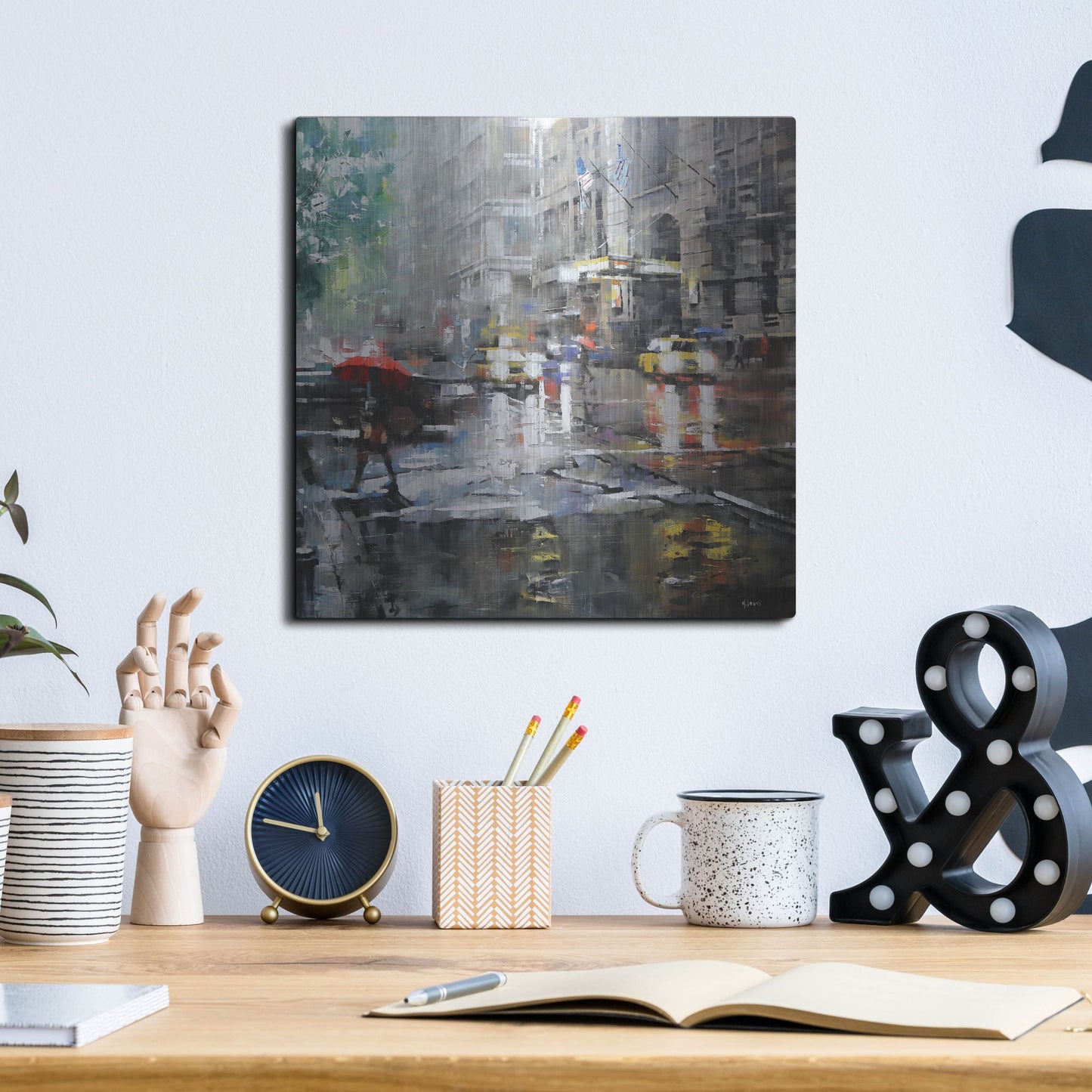 Luxe Metal Art 'Manhattan Red Umbrella' by Mark Lague, Metal Wall Art,12x12