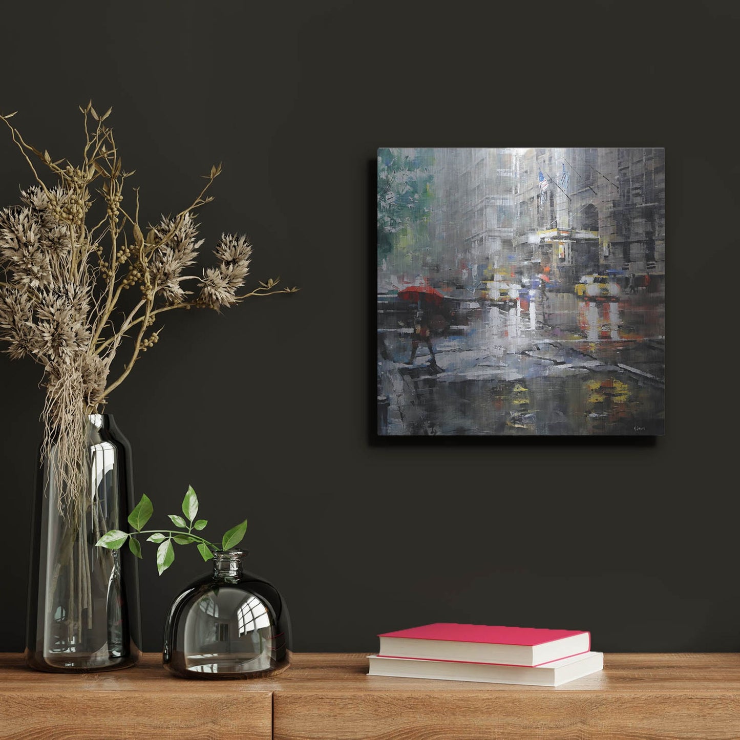 Luxe Metal Art 'Manhattan Red Umbrella' by Mark Lague, Metal Wall Art,12x12