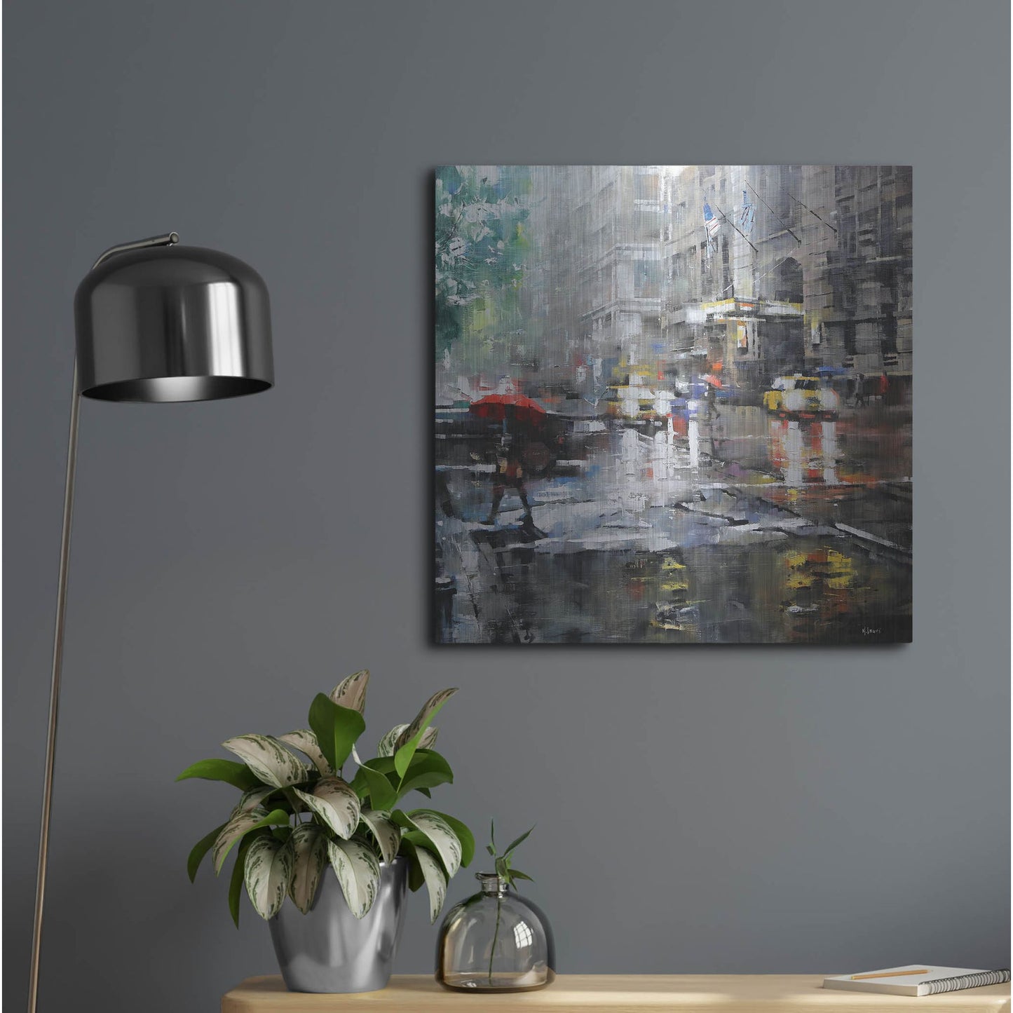 Luxe Metal Art 'Manhattan Red Umbrella' by Mark Lague, Metal Wall Art,24x24