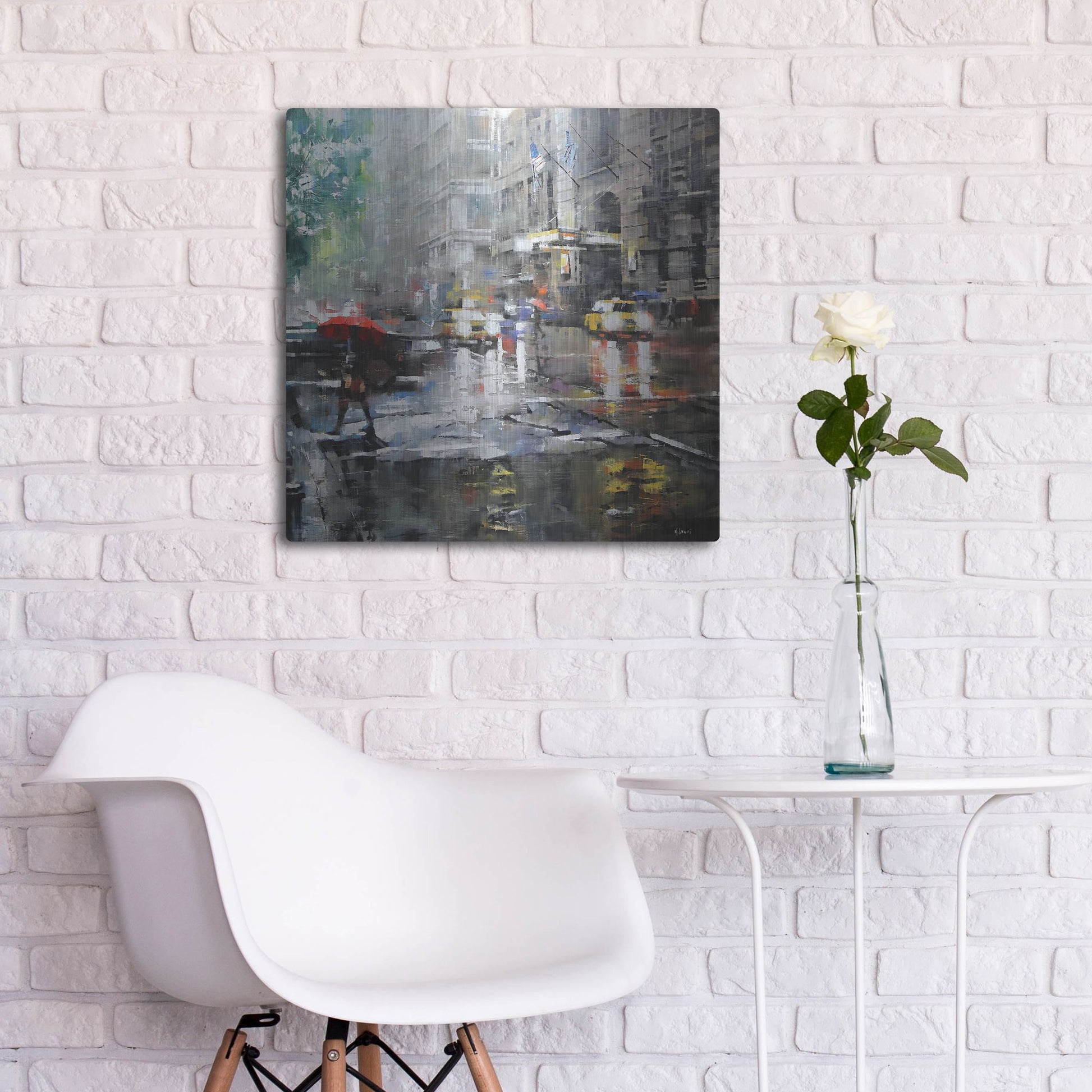 Luxe Metal Art 'Manhattan Red Umbrella' by Mark Lague, Metal Wall Art,24x24