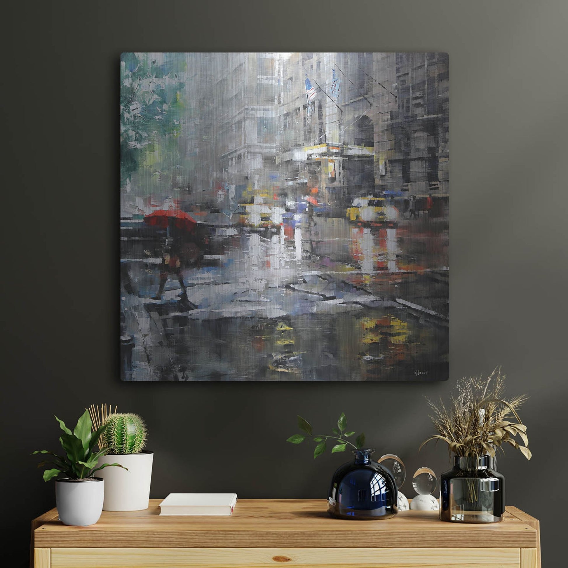 Luxe Metal Art 'Manhattan Red Umbrella' by Mark Lague, Metal Wall Art,24x24