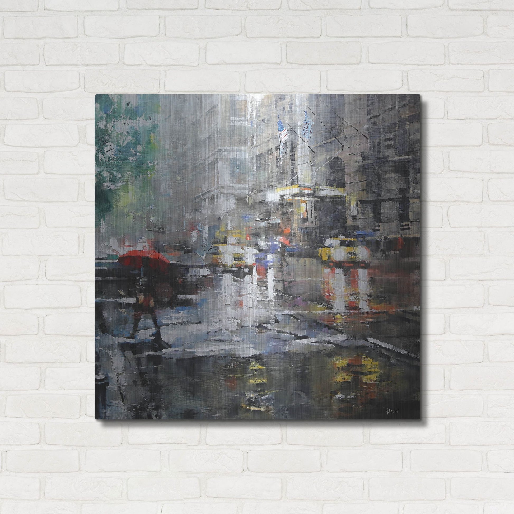 Luxe Metal Art 'Manhattan Red Umbrella' by Mark Lague, Metal Wall Art,36x36