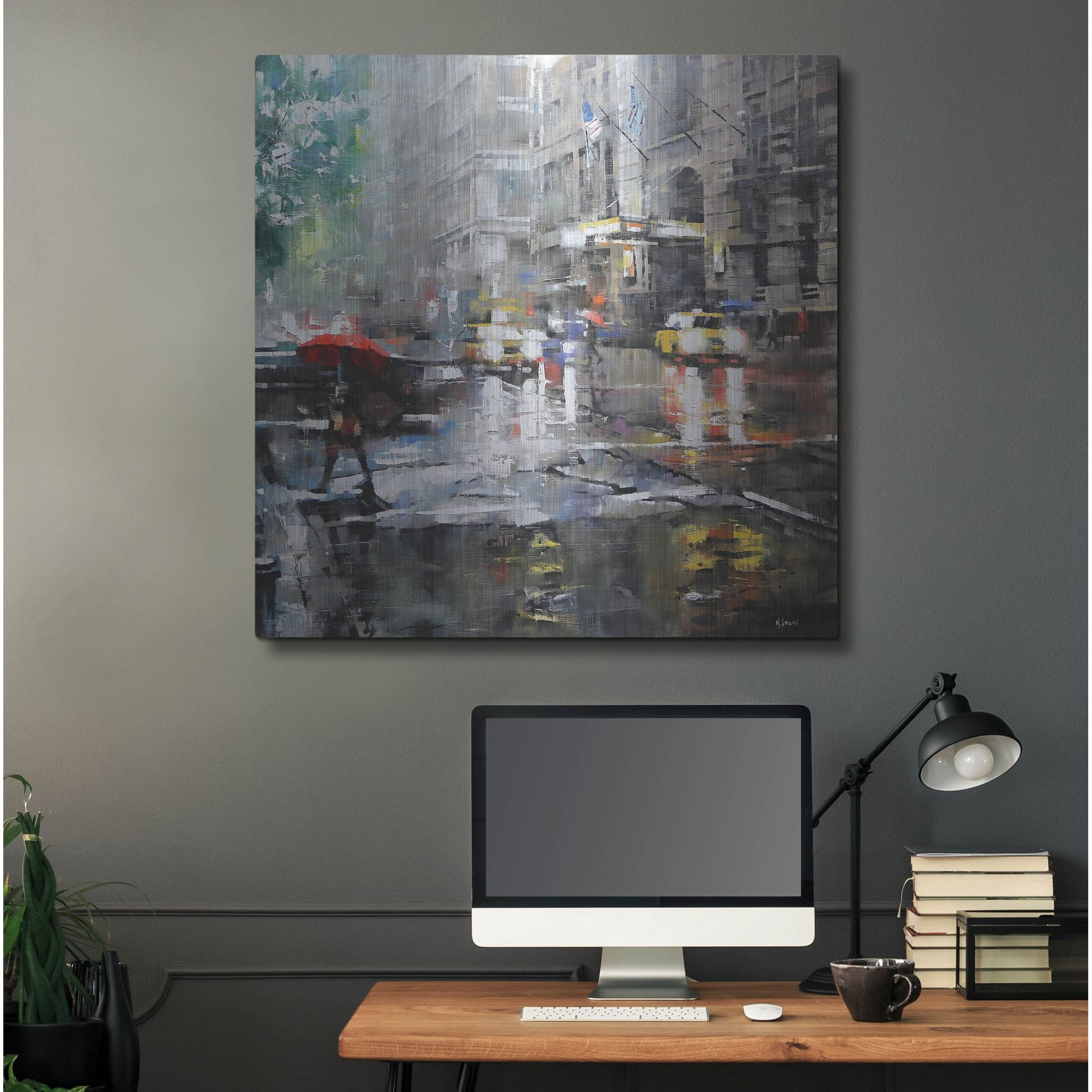 Luxe Metal Art 'Manhattan Red Umbrella' by Mark Lague, Metal Wall Art,36x36