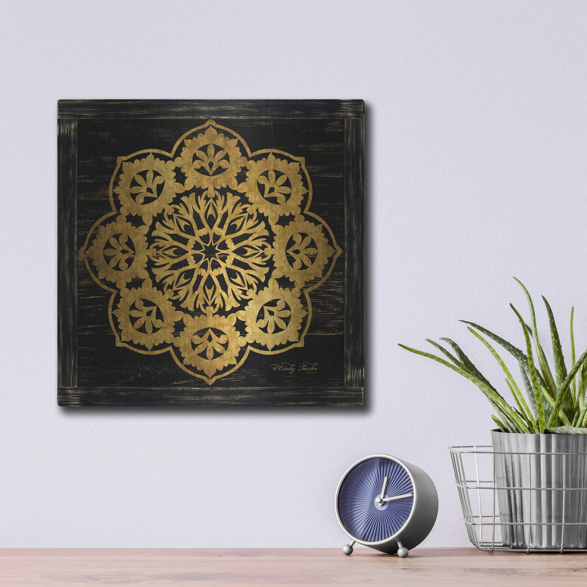 'Gold Mandala I' by Cindy Jacobs – Metal Wall Art, 12x12 room view