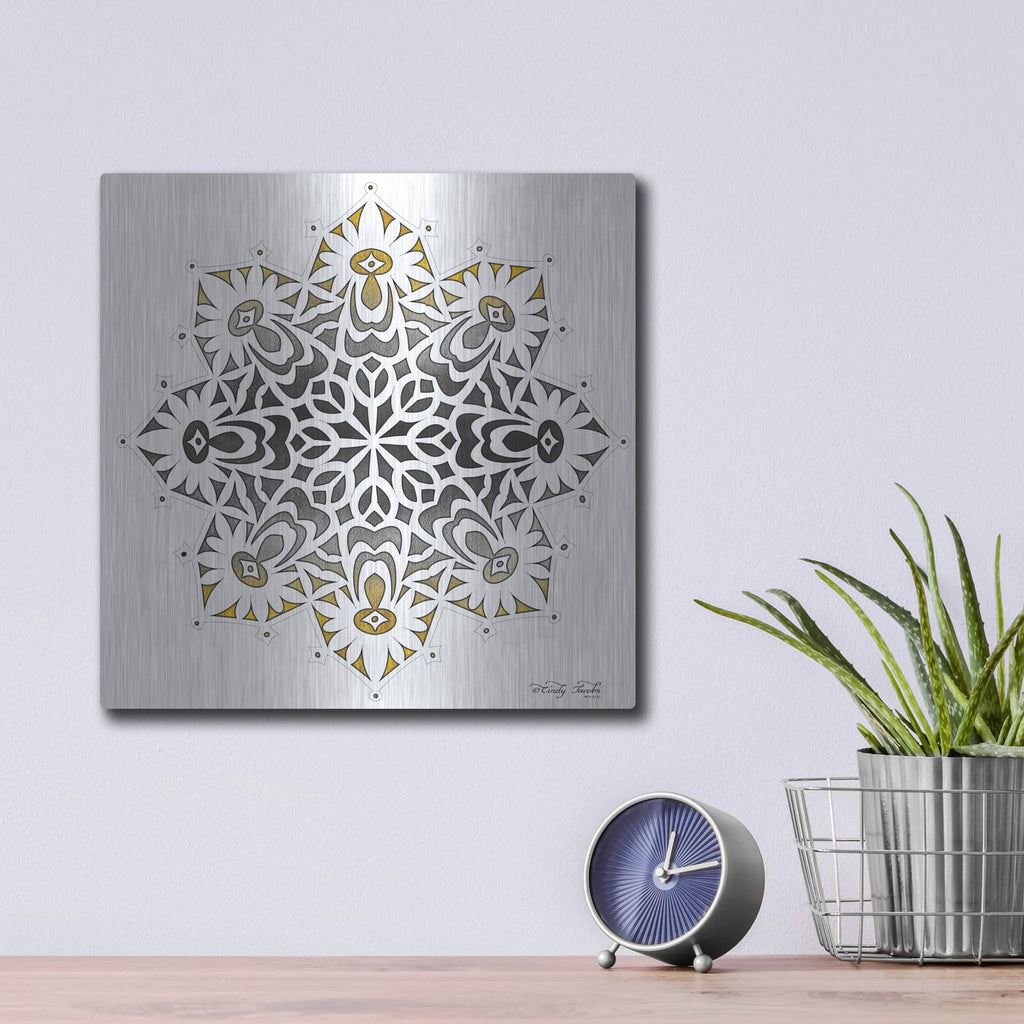 'Mandala on White' by Cindy Jacobs – Metal Wall Art, 12x12 room view