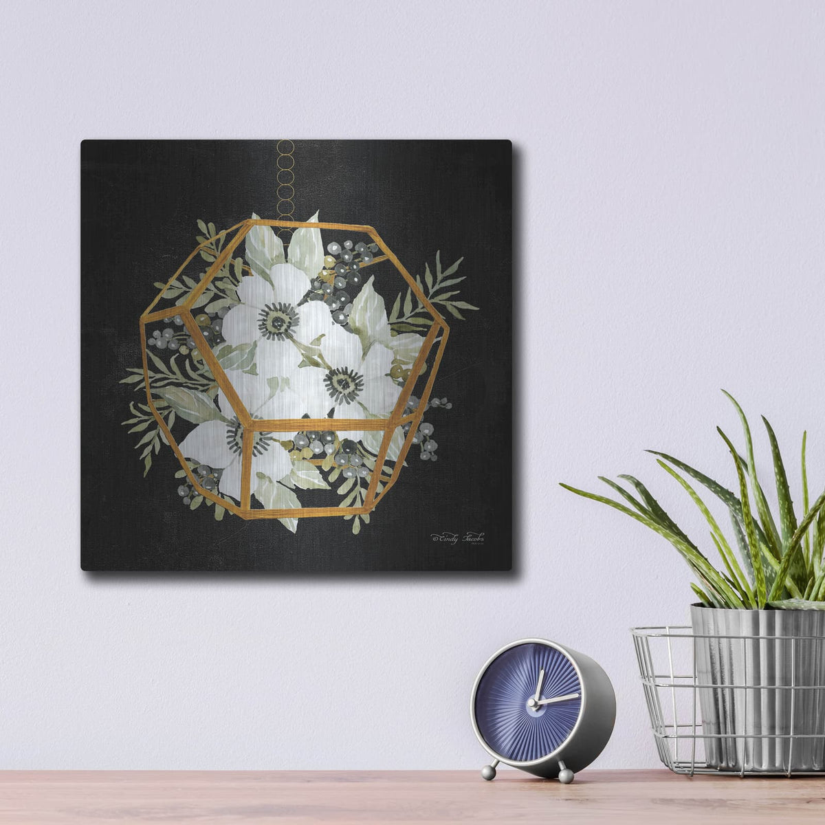 'Gold Geometric Hexagon' by Cindy Jacobs – Metal Wall Art, 12x12 room view