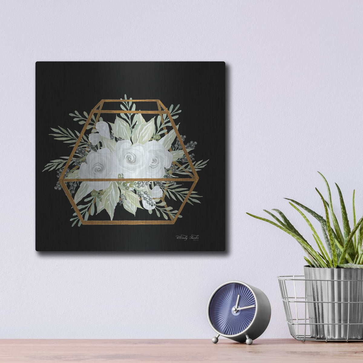 'Gold Geometric Polygon' by Cindy Jacobs – Metal Wall Art, 12x12 room view