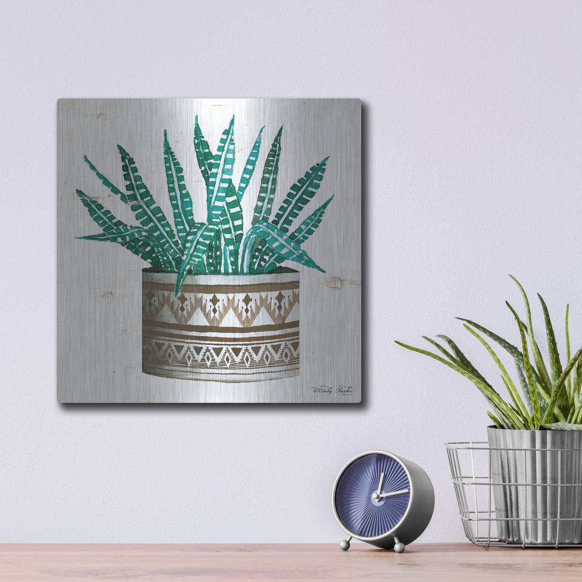 'Mud Cloth Vase V' by Cindy Jacobs – Metal Wall Art, 12x12 room view