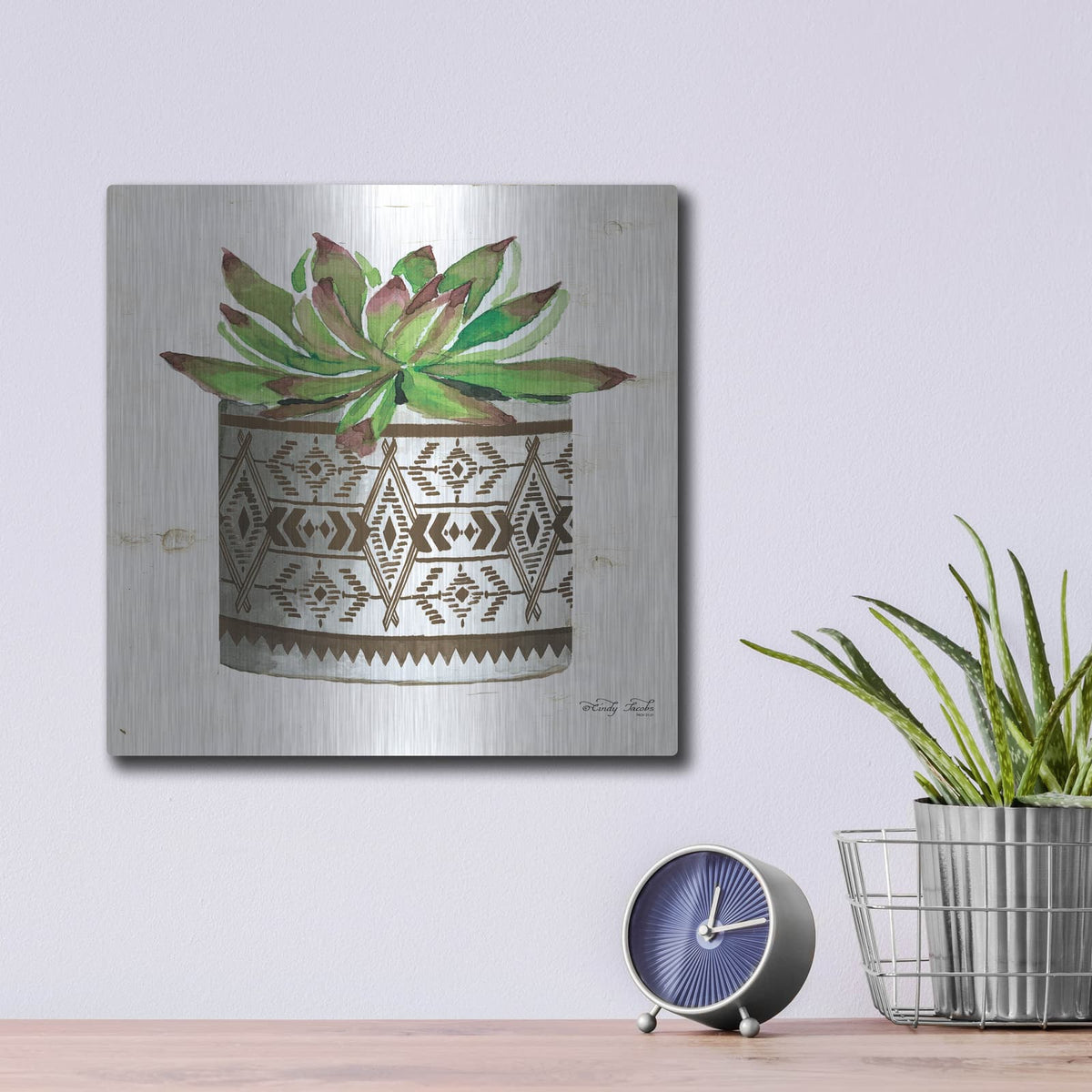'Mud Cloth Vase VI' by Cindy Jacobs – Metal Wall Art, 12x12 room view