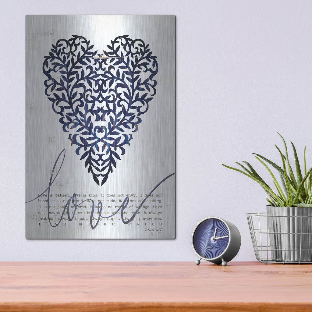 'Love Never Fails in Navy' by Cindy Jacobs – Metal Wall Art, 12x16 room view