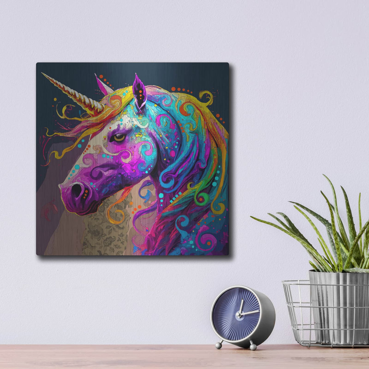 'Unicorn' by Dean Russo – Metal Wall Art, 12x12 room view