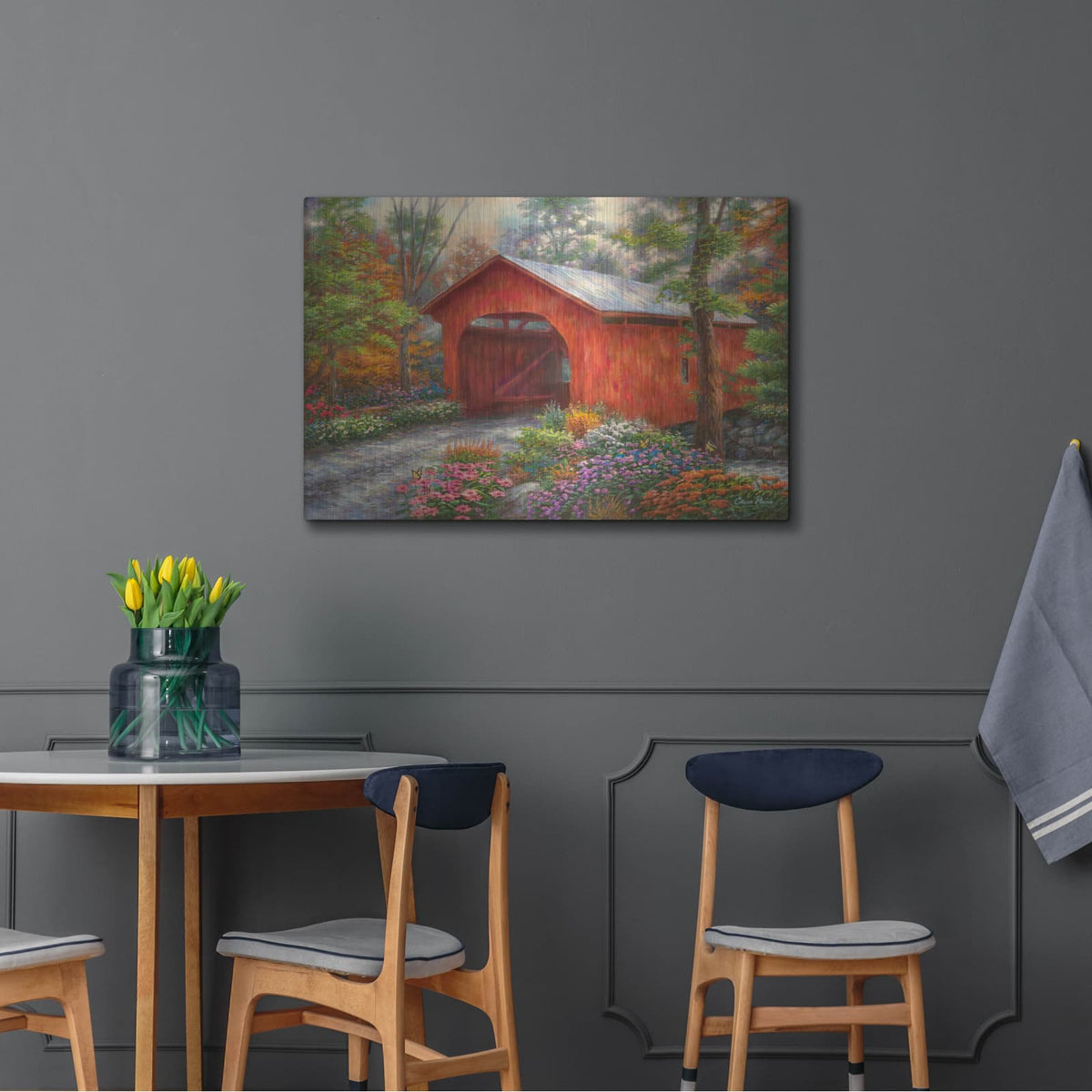 'Red Covered Bridge' by Chuck Pinson – Metal Wall Art, 36x24 room view