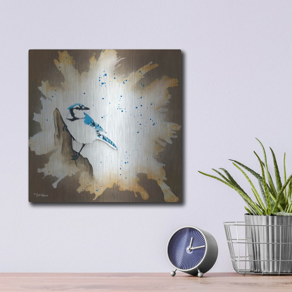 'Weathered Friends - Blue Jay' by Britt Hallowell – Metal Wall Art, 12x12 room view