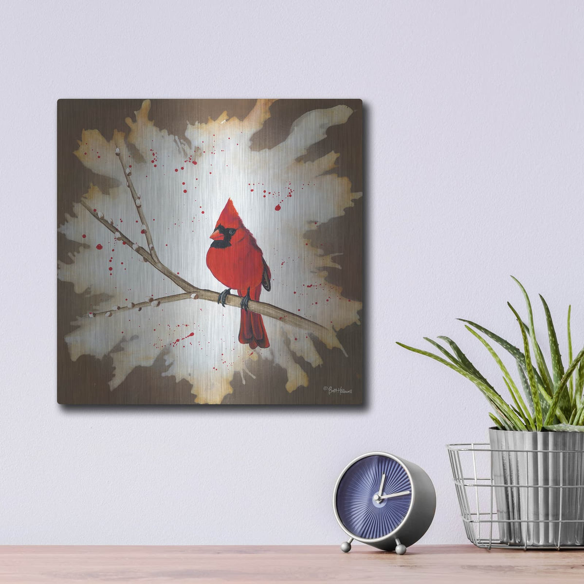 'Weathered Friends - Cardinal' by Britt Hallowell – Metal Wall Art, 12x12 room view