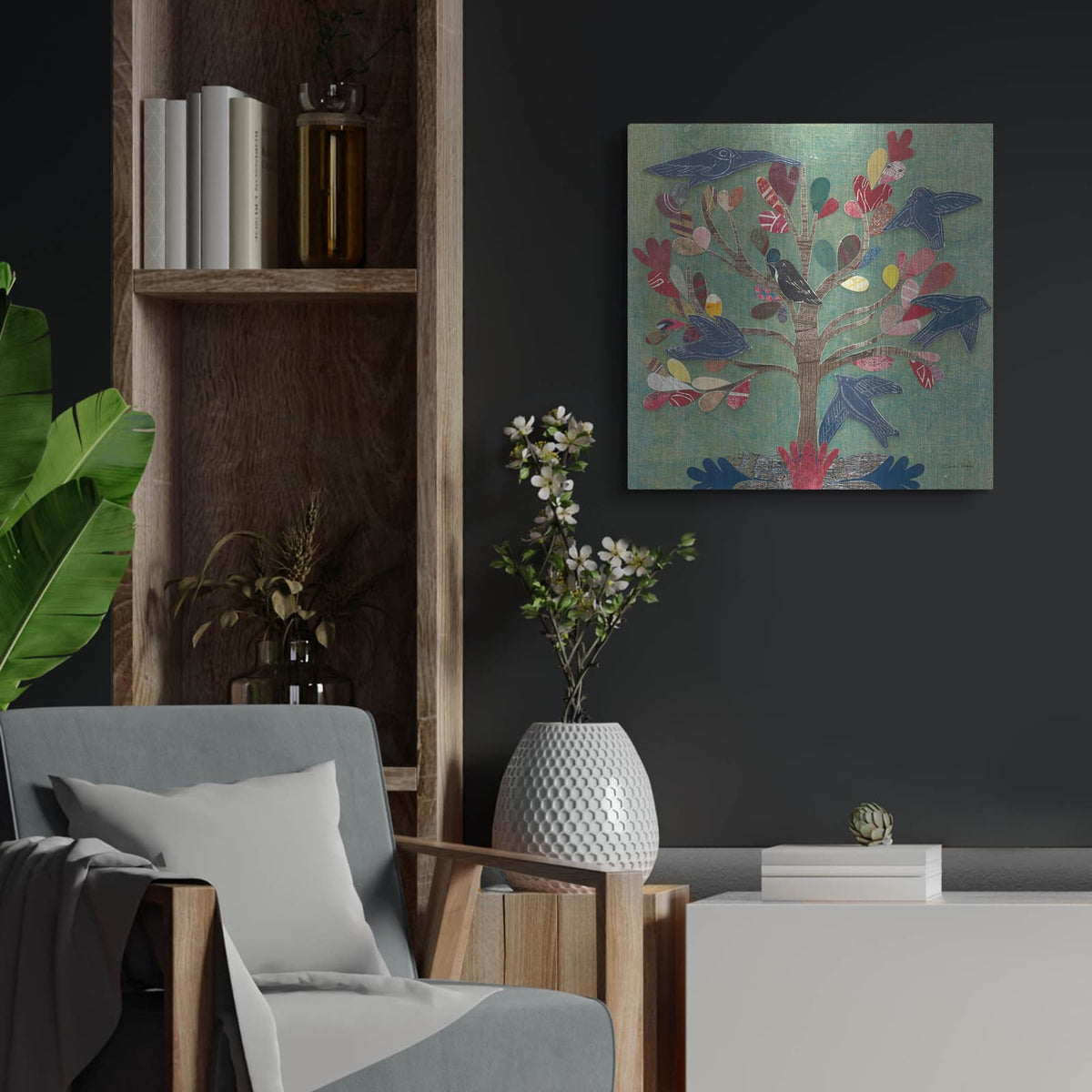 'Birds In A Tree' by Candra Boggs – Metal Wall Art, 24x24 room view
