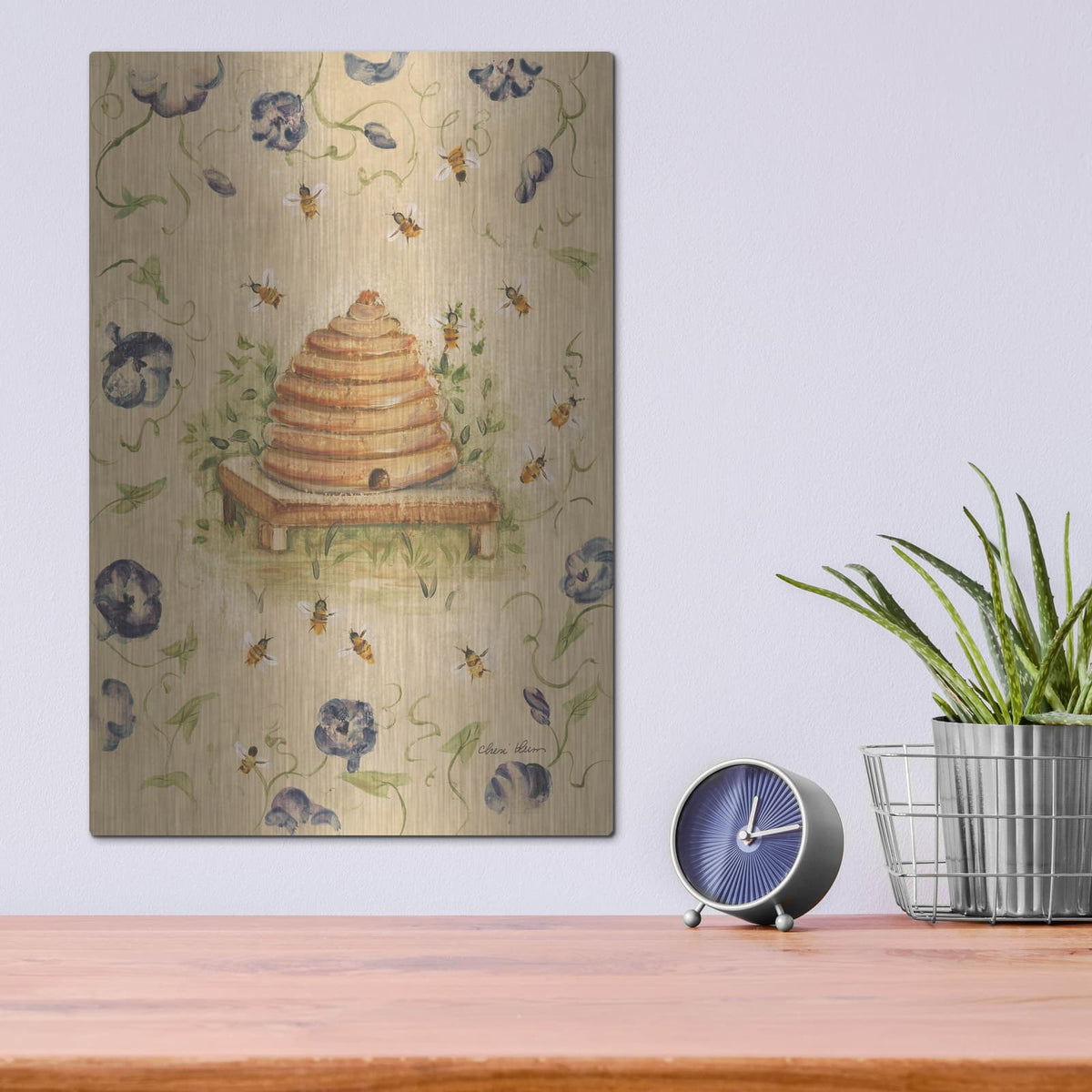 'Bee Skep And Flowers 1' by Cheri Blum – Metal Wall Art, 12x16 room view