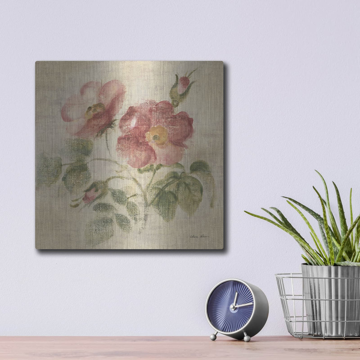 'Burgundy Rose On Antique Linen Light' by Cheri Blum – Metal Wall Art, 12x12 room view