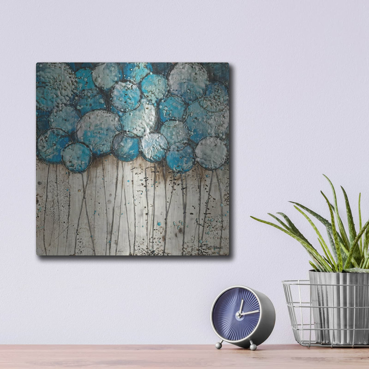 'Bubble Trees in Blue' by Britt Hallowell – Metal Wall Art, 12x12 room view