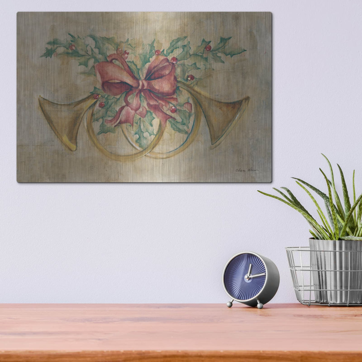 'Holiday French Horns' by Cheri Blum – Metal Wall Art, 16x12 room view