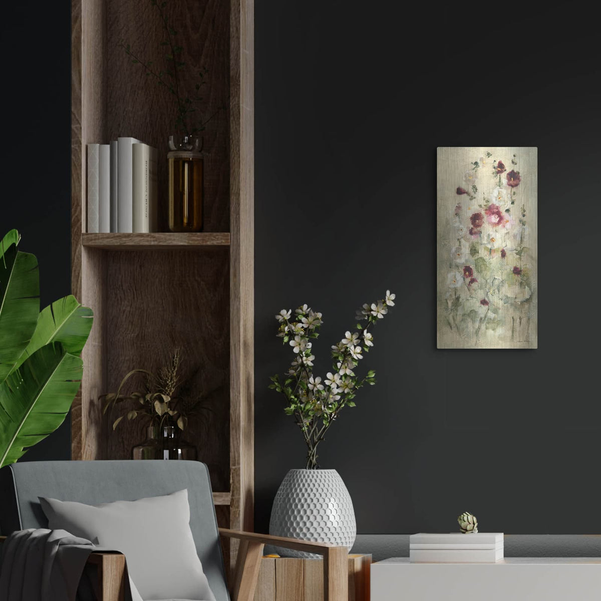 'Hollyhocks Panel 2' by Cheri Blum – Metal Wall Art, 12x24 room view