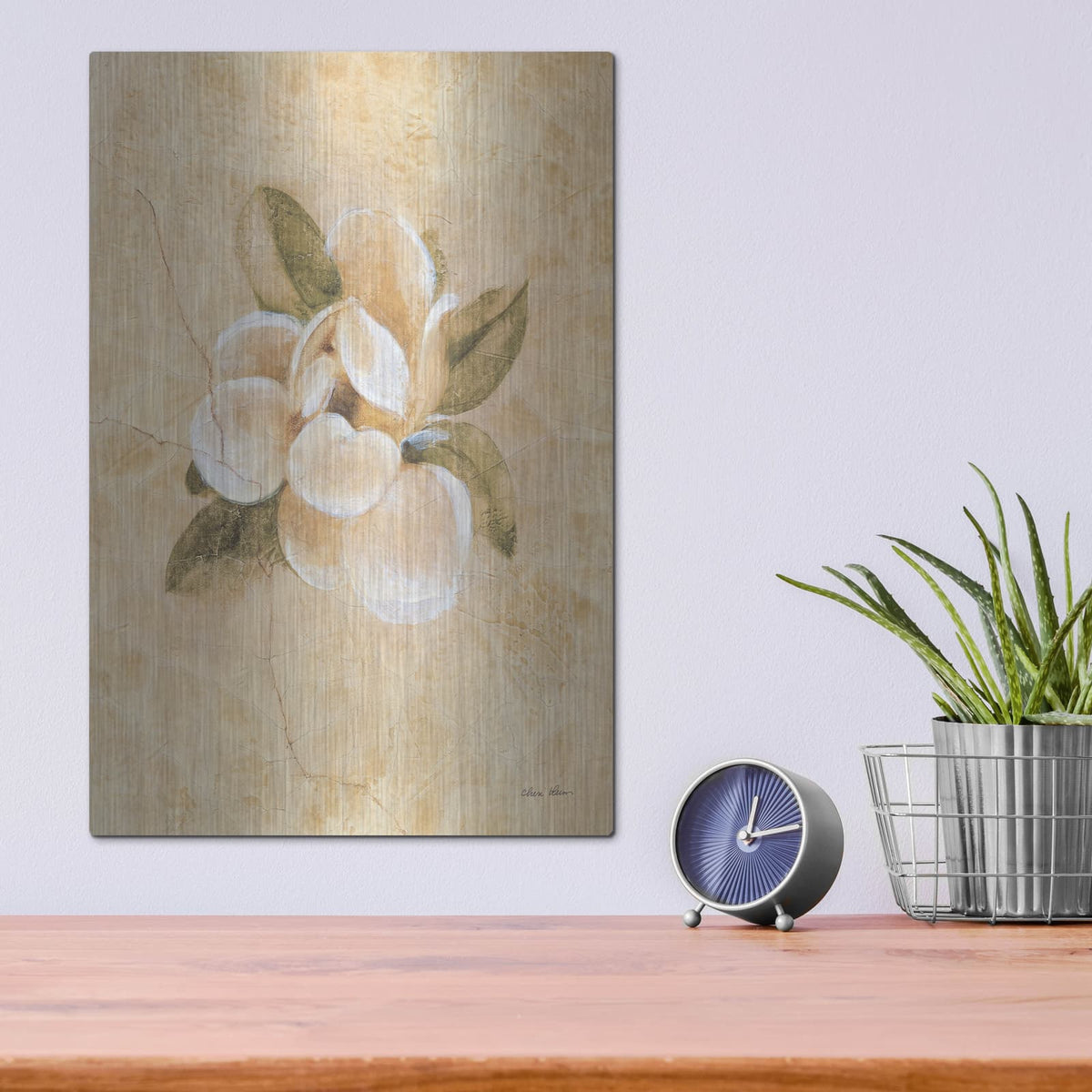 'Magnolia On Cracked Linen' by Cheri Blum – Metal Wall Art, 12x16 room view