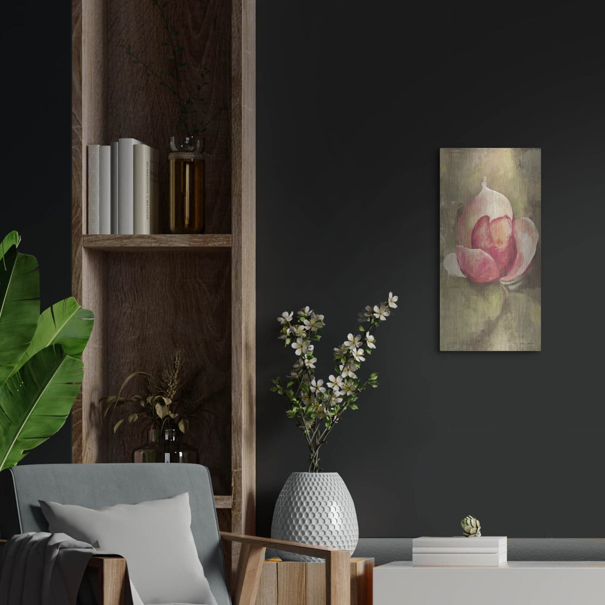 'Pink Blossom 2' by Cheri Blum – Metal Wall Art, 12x24 room view