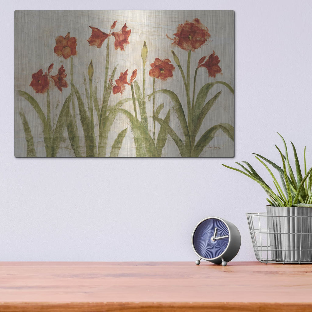 'Row Of Red Amaryllis Light' by Cheri Blum – Metal Wall Art, 16x12 room view