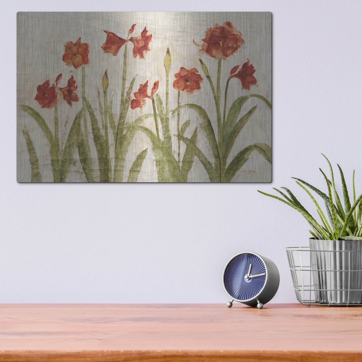'Row Of Red Amaryllis Light' by Cheri Blum – Metal Wall Art, 16x12 room view