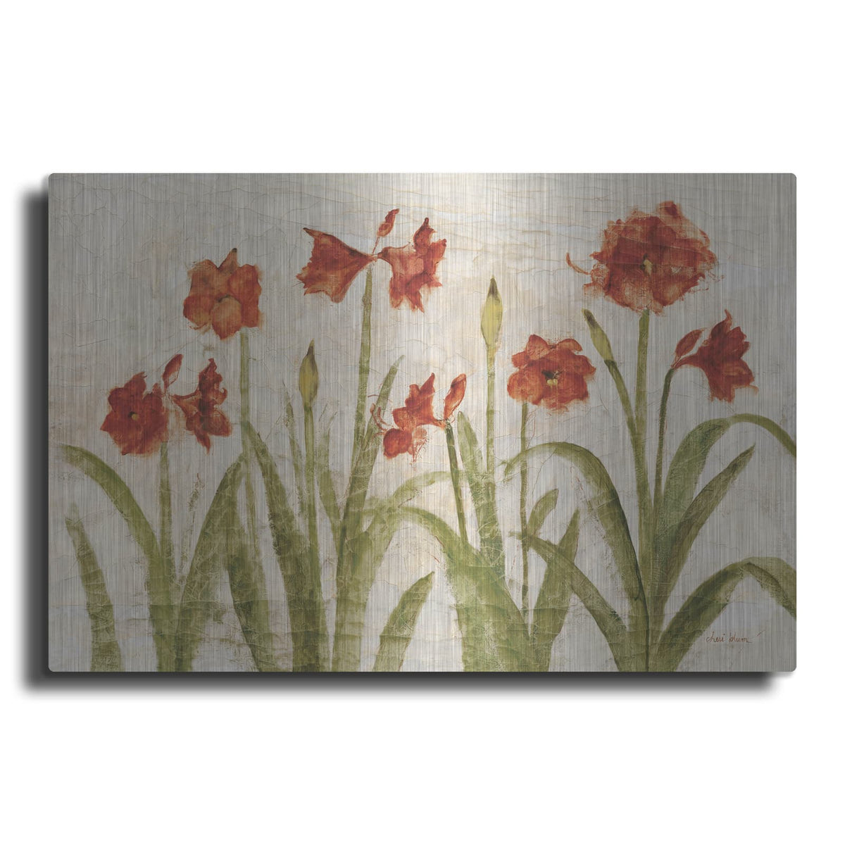 'Row Of Red Amaryllis Light' by Cheri Blum – Metal Wall Art