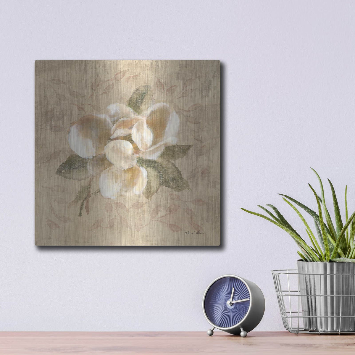 'White Floral 3' by Cheri Blum – Metal Wall Art, 12x12 room view