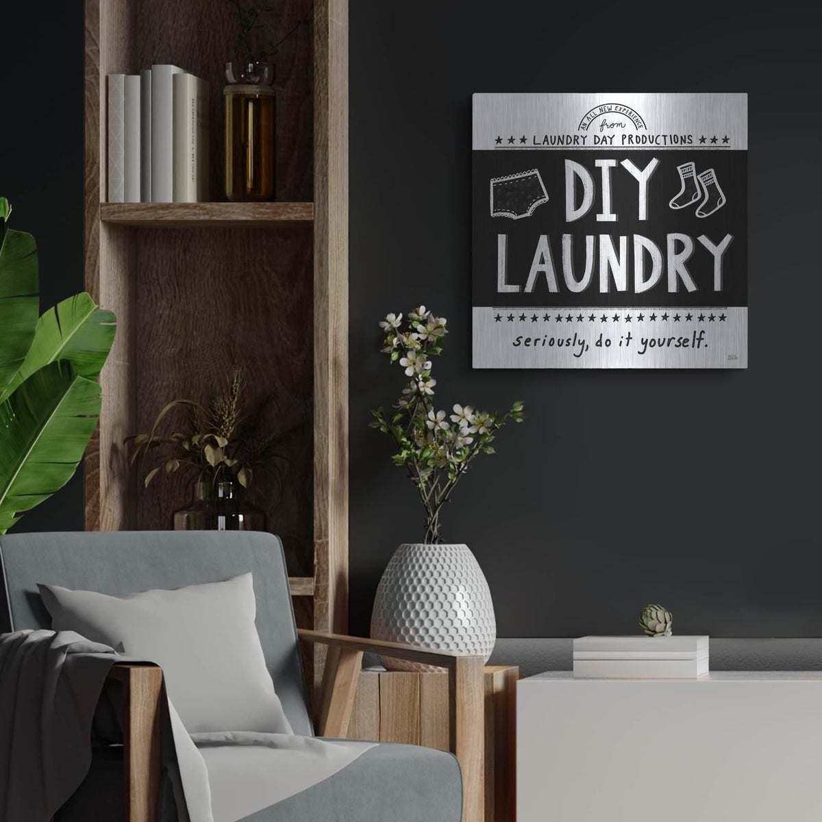 'Diy Laundry Bw' by Melissa Averinos – Metal Wall Art, 24x24 room view