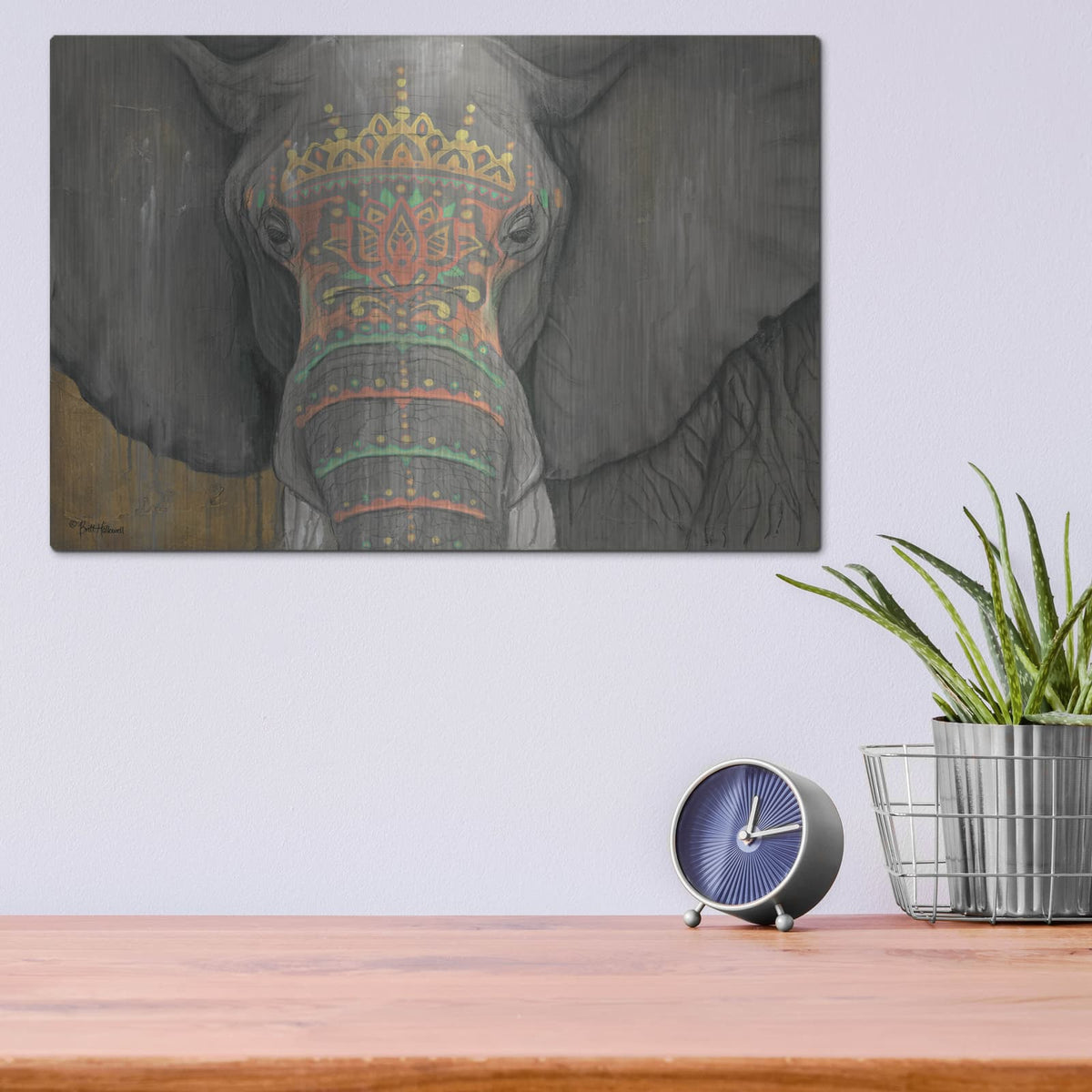 'Tattooed Elephant' by Britt Hallowell – Metal Wall Art, 16x12 room view