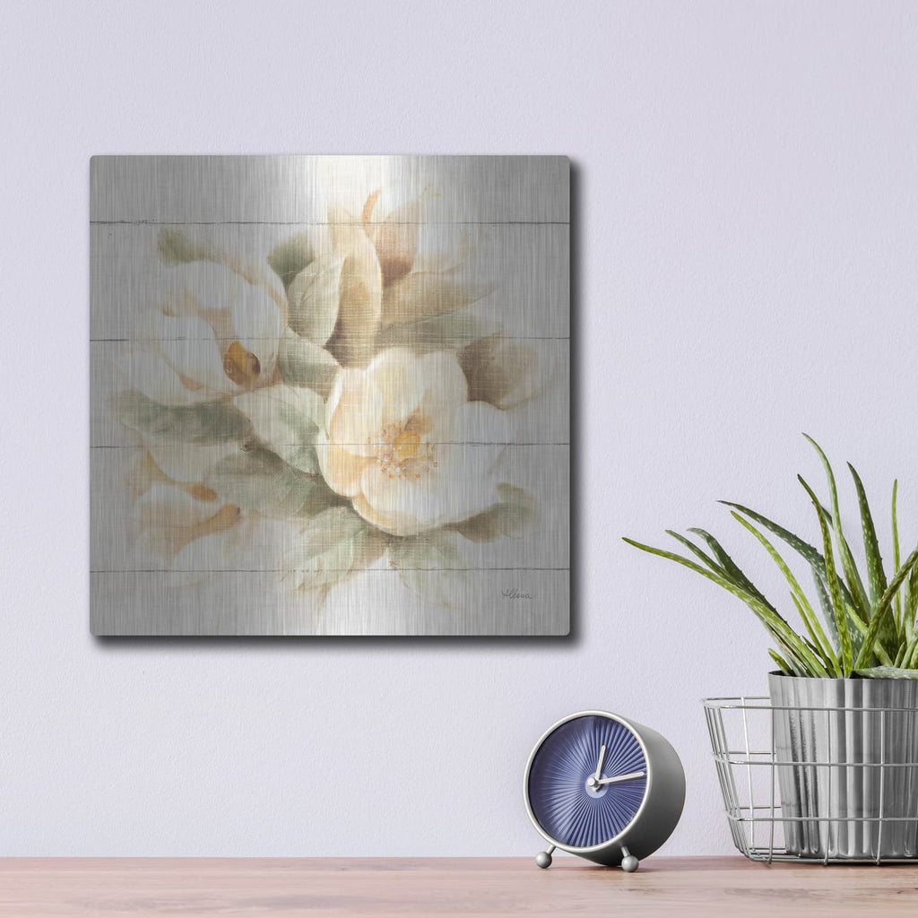 'Ivory Magnolia On Wood' by Albena Hristova – Metal Wall Art, 12x12 room view