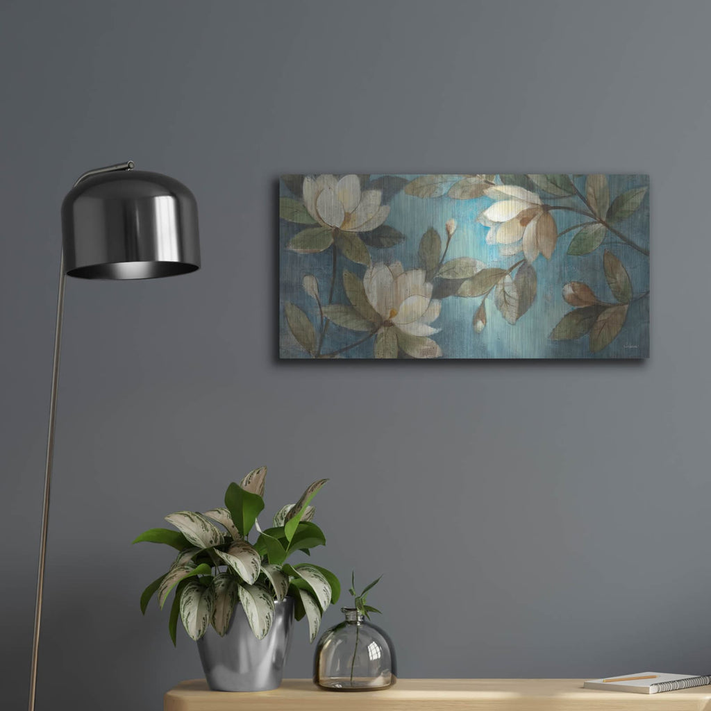 'Floating Magnolias' by Albena Hristova – Metal Wall Art, 24x12 room view