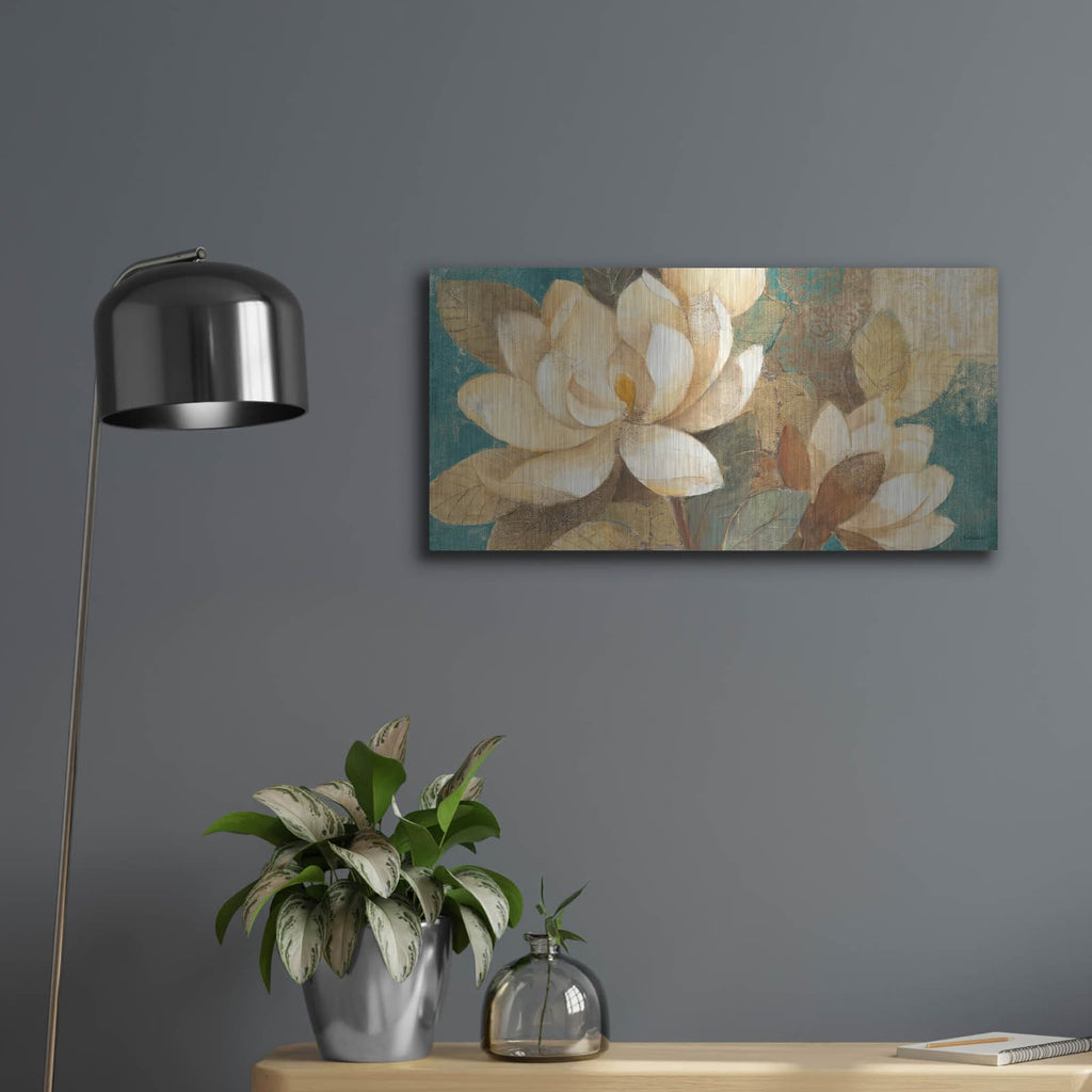 'Turquoise Magnolias' by Albena Hristova – Metal Wall Art, 24x12 room view