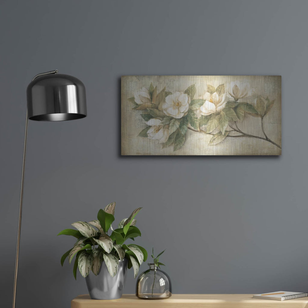 'Sugar Magnolia Vintage' by Albena Hristova – Metal Wall Art, 24x12 room view