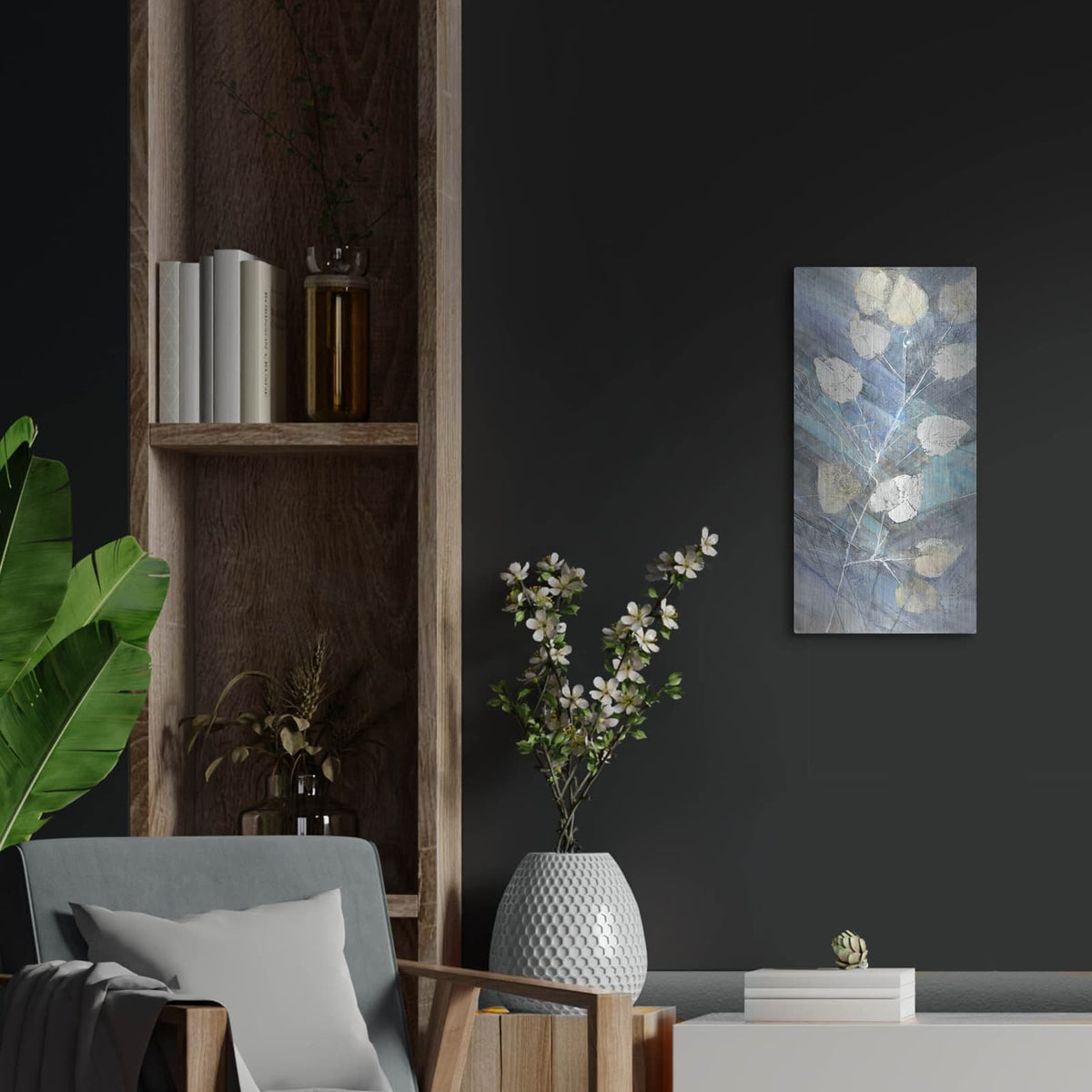 'Silver Leaves 2' by Albena Hristova – Metal Wall Art, 12x24 room view