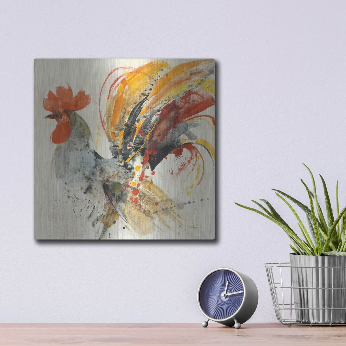 'Festive Rooster 2' by Albena Hristova – Metal Wall Art, 12x12 room view